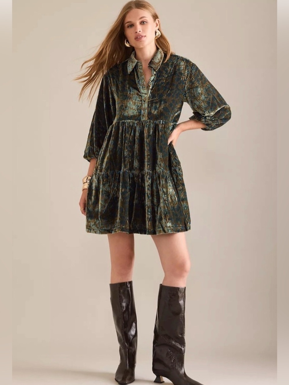 Anthropologie The Bettina Velvet Tiered Mini Shirt Dress Maeve Olive NWT Large